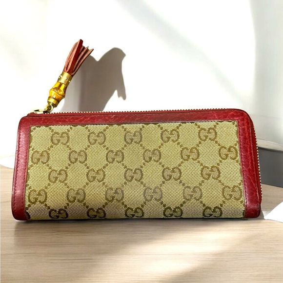 GUCCI GG Beige Logo Canvas Leather Red Bifold Zip Wallet Bamboo Leather tassels - Picture 3 of 15